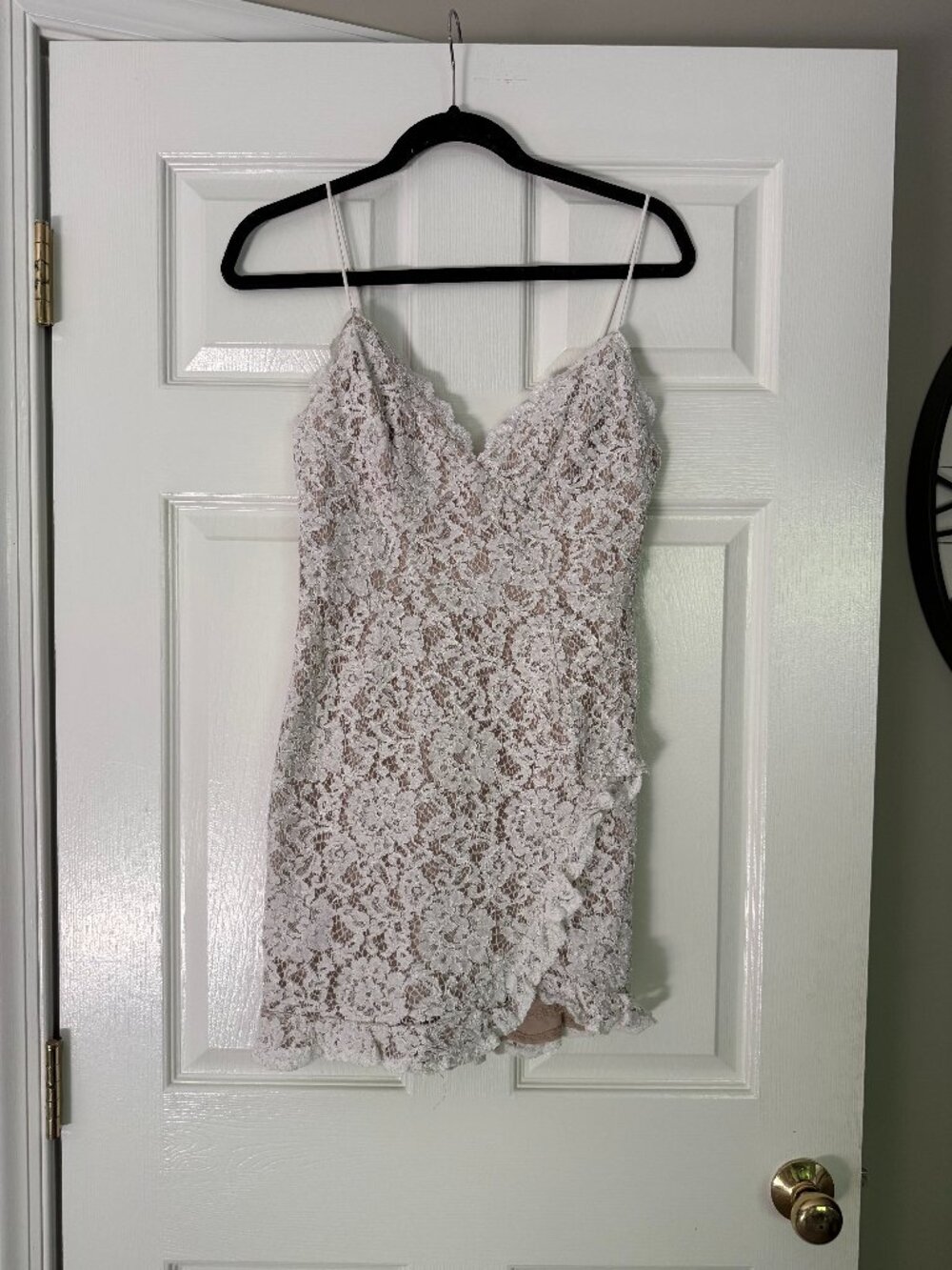 Selfie Leslie White Ruffle Trim Lace Mini Dress